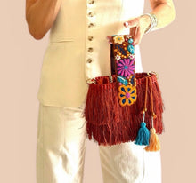 Load image into Gallery viewer, One-of-a-kind Hand Embroidered strap and Gold Chain Shoulder Strap/Raffia Fringe Tassel Bag - Handmade, Spring Summer Bag/ Terracota Color