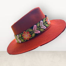 Load image into Gallery viewer, Fedora Hat - Wool Felt Hat, Wide Brim Hat , Embroidered Removable Hat Band  -  Redish Brown/Rust