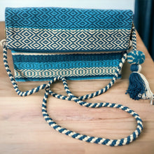 Load image into Gallery viewer, Hand Weaved Envelope Bag, Crossbody Bag, Evening Bag - Turquoise and Cream
