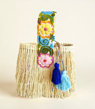 Load image into Gallery viewer, One-of-a-kind Hand Embroidered strap and Gold Chain Shoulder Strap/Raffia Fringe Tassel Bag - Handmade, Spring Summer Bag/ Natural Color