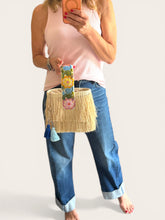 Load image into Gallery viewer, One-of-a-kind Hand Embroidered strap and Gold Chain Shoulder Strap/Raffia Fringe Tassel Bag - Handmade, Spring Summer Bag/ Natural Color