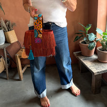 Load image into Gallery viewer, Paja Toquilla Fringe Bag/Hand Embroidered Strap/Peruvian Artisan Bag/Boho Crossbody Clutch/Handmade in Peru - Rust/Turquoise Orange Strap