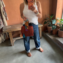 Load image into Gallery viewer, Paja Toquilla Fringe Bag/Hand Embroidered Strap/Peruvian Artisan Bag/Boho Crossbody Clutch/Handmade in Peru - Rust/Turquoise Orange Strap