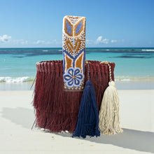 Load image into Gallery viewer, Paja Toquilla Fringe Bag/Hand Embroidered Strap/Peruvian Artisan Bag/Boho Crossbody Clutch/Handmade in Peru - Brown/Terracota Blues Strap