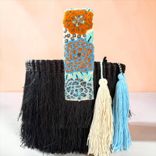 Load image into Gallery viewer, Paja Toquilla Fringe Bag/Hand Embroidered Strap/Peruvian Artisan Bag/Boho Crossbody Clutch/Handmade in Peru - Black/Turquoise Orange Strap