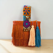 Load image into Gallery viewer, Paja Toquilla Fringe Bag/Hand Embroidered Strap/Peruvian Artisan Bag/Boho Crossbody Clutch/Handmade in Peru - Rust/Turquoise Orange Strap