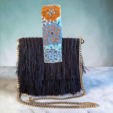 Load image into Gallery viewer, Paja Toquilla Fringe Bag/Hand Embroidered Strap/Peruvian Artisan Bag/Boho Crossbody Clutch/Handmade in Peru - Black/Turquoise Orange Strap
