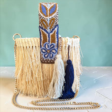 Load image into Gallery viewer, Paja Toquilla Fringe Bag/Hand Embroidered Strap/Peruvian Artisan Bag/Boho Crossbody Clutch/Handmade in Peru - Natural/Terracota Blues Strap