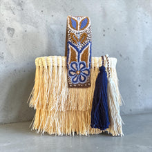 Load image into Gallery viewer, Paja Toquilla Fringe Bag/Hand Embroidered Strap/Peruvian Artisan Bag/Boho Crossbody Clutch/Handmade in Peru - Natural/Terracota Blues Strap