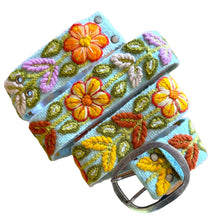 Load image into Gallery viewer, Peruvian Hand Embroidered Belt  -    Mint and Rust Flowers