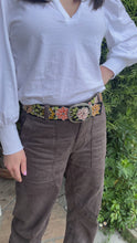 Load and play video in Gallery viewer, Peruvian Hand Embroidered Belt , Wool Belt, Statement Belt -  Vintage Blossom Black Base