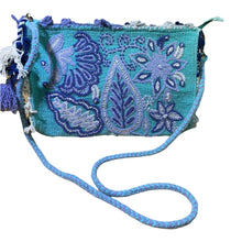 Load image into Gallery viewer, Hand Embroidered Wool Crossbody Handbag, Clutch, Purse "Embroidery Front and Back"- Turquoise and Blue