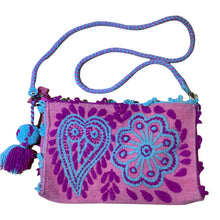 Load image into Gallery viewer, Hand Embroidered Wool Crossbody Handbag, Clutch, Purse "Embroidery Front and Back"- Pink/Turquoise