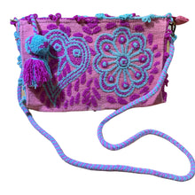 Load image into Gallery viewer, Hand Embroidered Wool Crossbody Handbag, Clutch, Purse "Embroidery Front and Back"- Pink/Turquoise