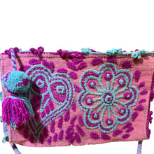 Load image into Gallery viewer, Hand Embroidered Wool Crossbody Handbag, Clutch, Purse "Embroidery Front and Back"- Pink/Turquoise