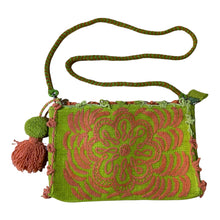 Load image into Gallery viewer, Hand Embroidered Wool Crossbody Handbag, Clutch, Purse "Embroidery Front and Back"- Lime Green/Orange Flowers