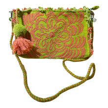 Load image into Gallery viewer, Hand Embroidered Wool Crossbody Handbag, Clutch, Purse "Embroidery Front and Back"- Lime Green/Orange Flowers