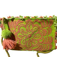 Load image into Gallery viewer, Hand Embroidered Wool Crossbody Handbag, Clutch, Purse "Embroidery Front and Back"- Lime Green/Orange Flowers