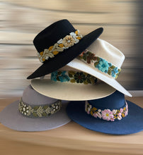 Load image into Gallery viewer, Fedora Hat - Wool Felt Hat, Wide Brim Hat , Embroidered Removable Hat Band  - Black