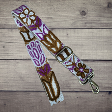 Load image into Gallery viewer, Embroidered Adjustable Handbag Strap, Purse Strap, Camera Strap - Andina Pastels Brown and Pink