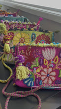 Load and play video in Gallery viewer, Hand Embroidered Wool Crossbody Handbag, Clutch, Purse "Embroidery Front and Back"- Hot Pink/Lime Green