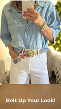 Load image into Gallery viewer, Embroidered Belt - Boho  - “Aqua Star” - Cream background/Colored Embroidery
