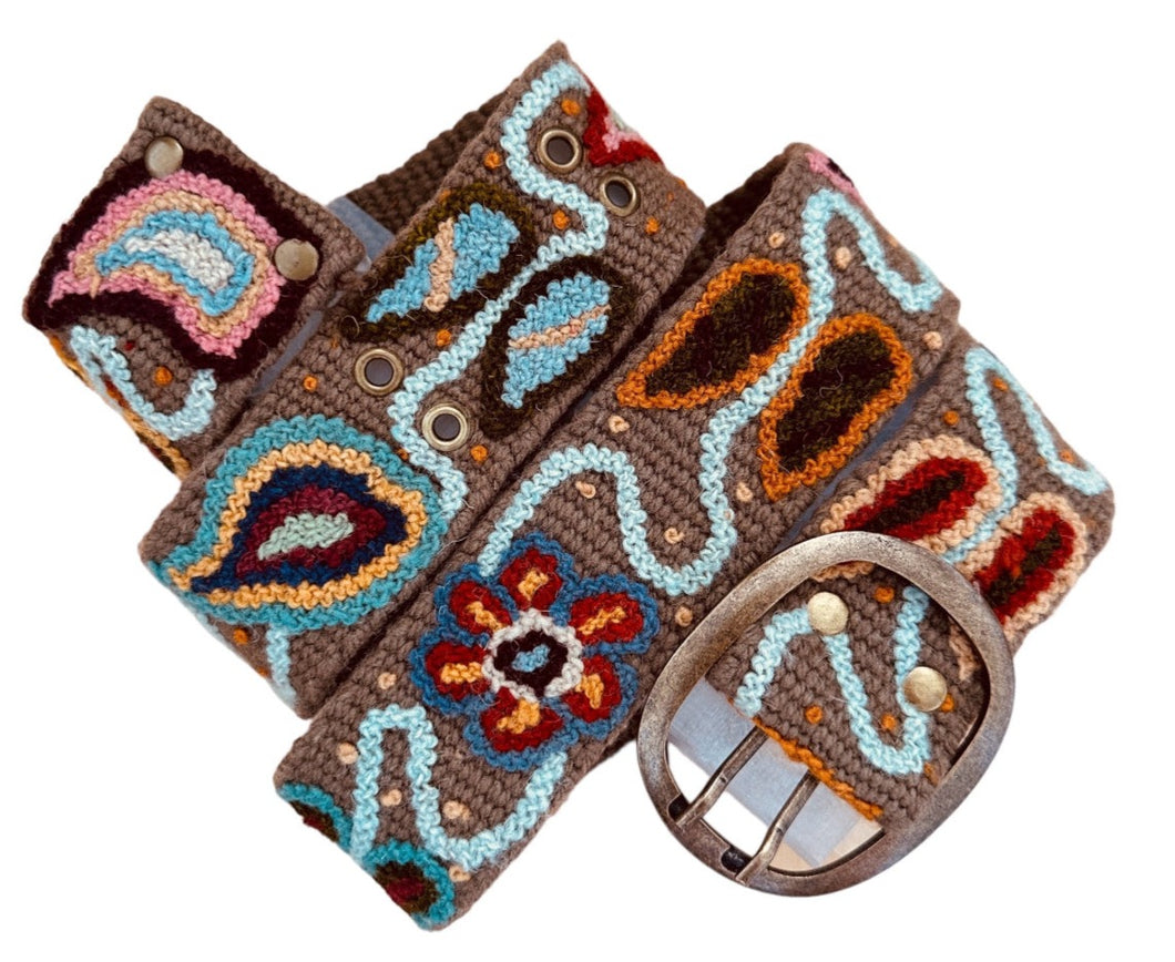 Embroidered  Andina Belt - Peruvian, Handmade -  Andina Blossom - TABACO