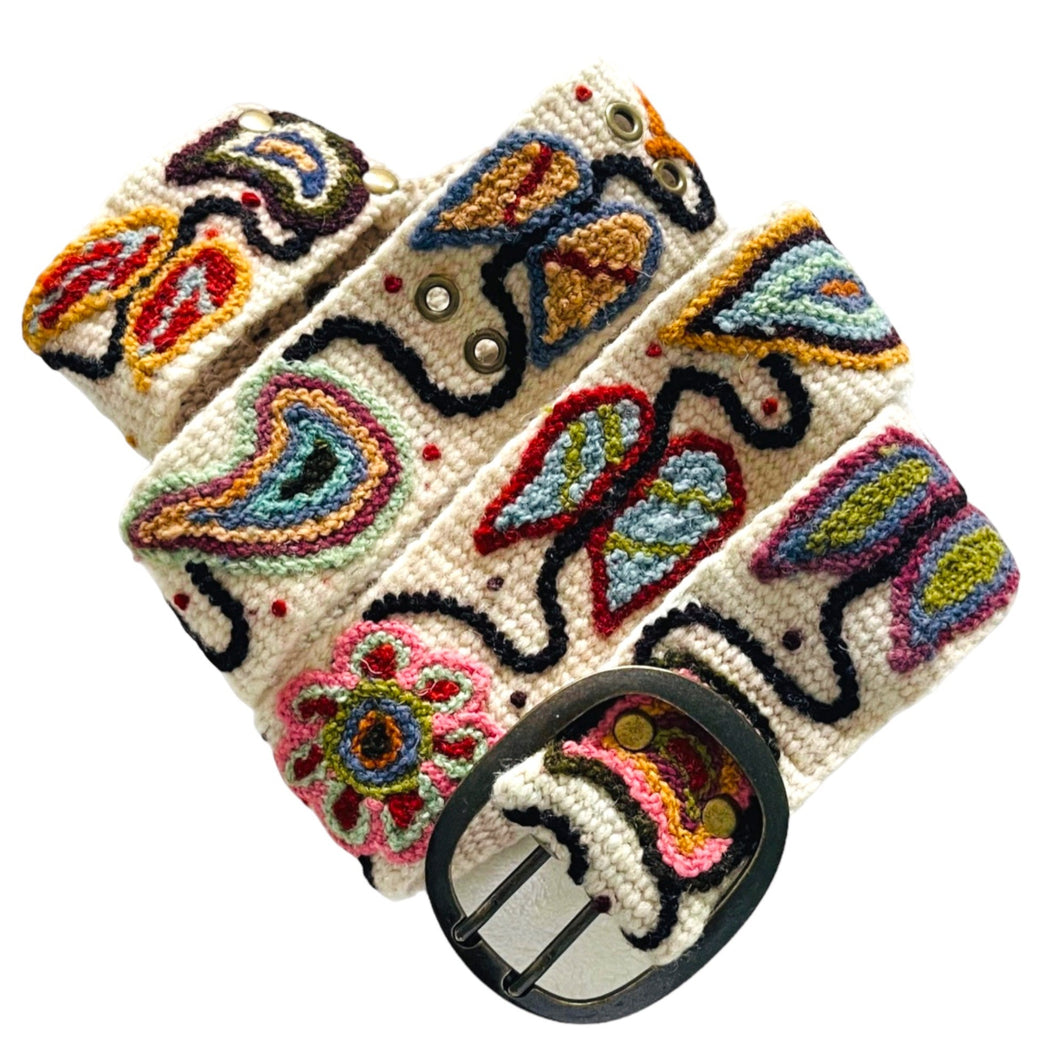 Embroidered Andina  Belt - Peruvian, Handmade Flower Belt -  Andina Blossom - Off White