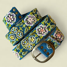 Load image into Gallery viewer, Peruvian Hand Embroidered Belt , Wool Belt, Statement Belt -  Garden Bloom Teal Base
