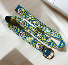 Load image into Gallery viewer, Peruvian Hand Embroidered Belt , Wool Belt, Statement Belt -  Garden Bloom Teal Base
