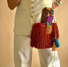 Load image into Gallery viewer, One-of-a-kind Hand Embroidered strap and Gold Chain Shoulder Strap/Raffia Fringe Tassel Bag - Handmade,  Spring Summer Bag/ Terracota Color
