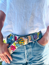 Load image into Gallery viewer, Embroidered Belt - Boho  - “Aqua Star” - Cream background/Colored Embroidery
