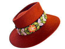 Load image into Gallery viewer, Fedora Hat - Wool Felt Hat, Wide Brim Hat , Embroidered Removable Hat Band  -  Redish Brown/Rust
