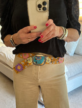Load image into Gallery viewer, Embroidered Flower Belt, Peruvian, Handmade - Turquoise Fan/Flower Belt - Tan Background
