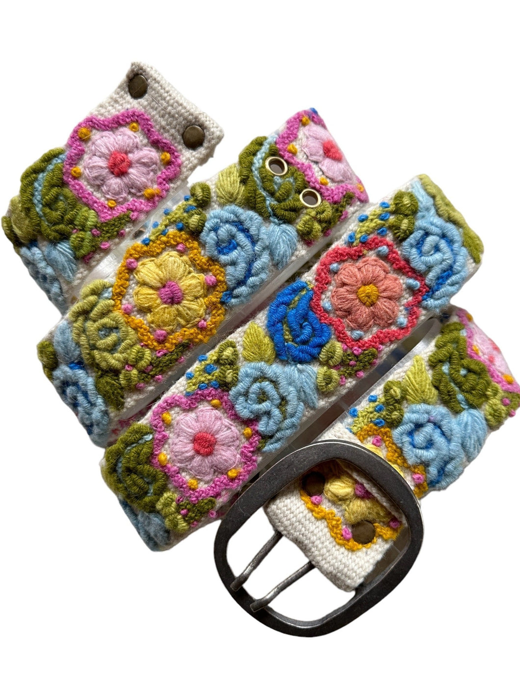 Peruvian Hand Embroidered Belt - Boho -  Spring Flowers/Cream Background