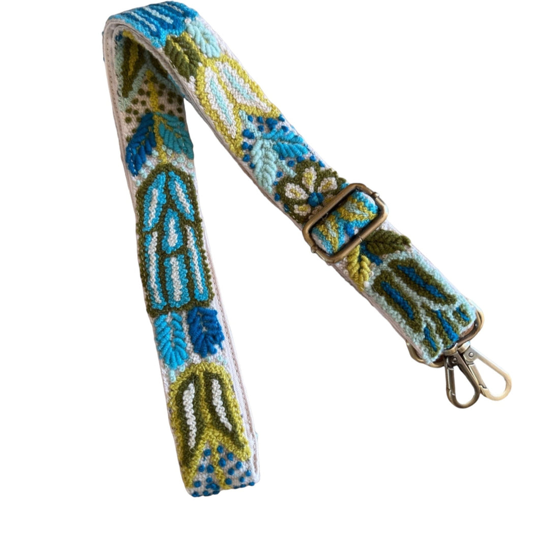 Embroidered Adjustable Shoulder Strap, Purse Strap, Camera Strap - Andina Turquoise/Lime Green