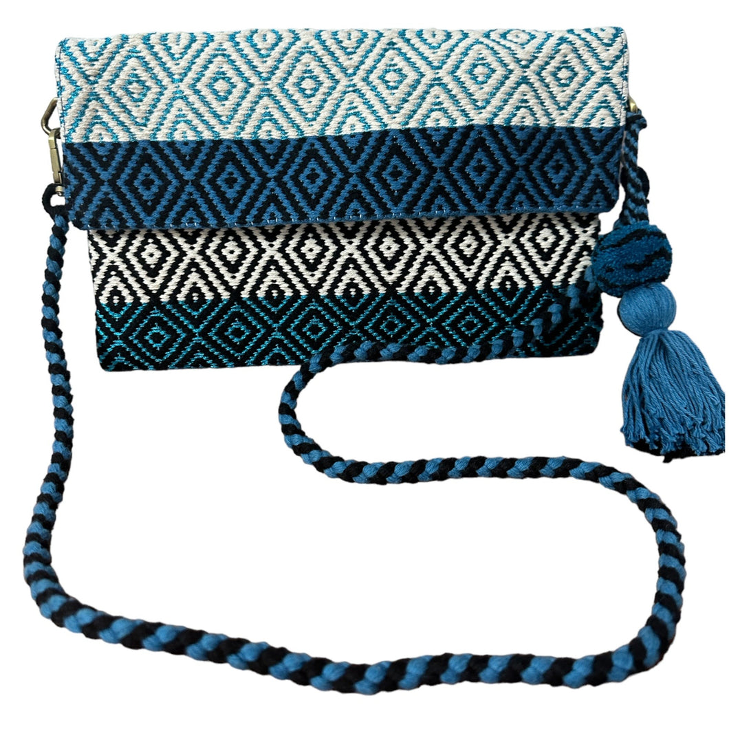Hand Weaved Envelope Bag, Crossbody Bag, Evening Bag - Blue, Turquoise Black