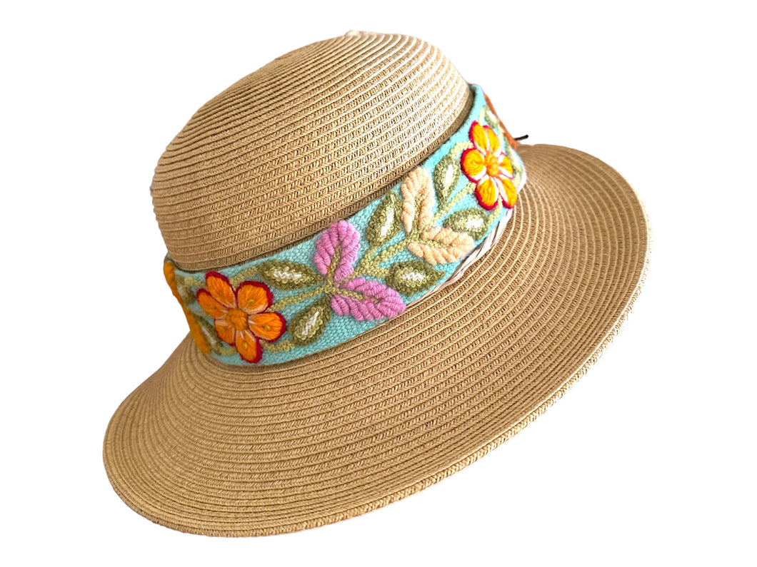 Sun Hat , Straw Hat, Hand Embroidered Band
