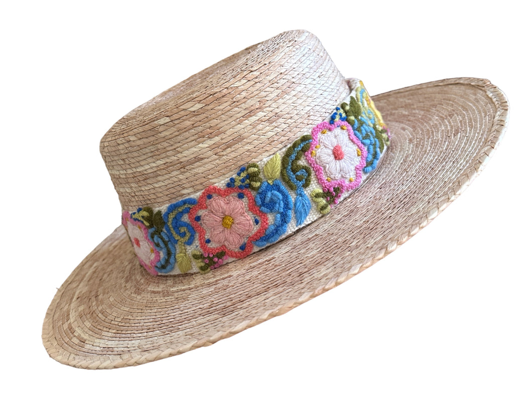 Sun Hat , Straw Hat, Hand Embroidered Band