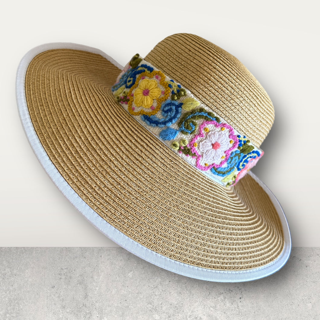 Sun Hat , Straw Hat, White Border - Hand Embroidered Band