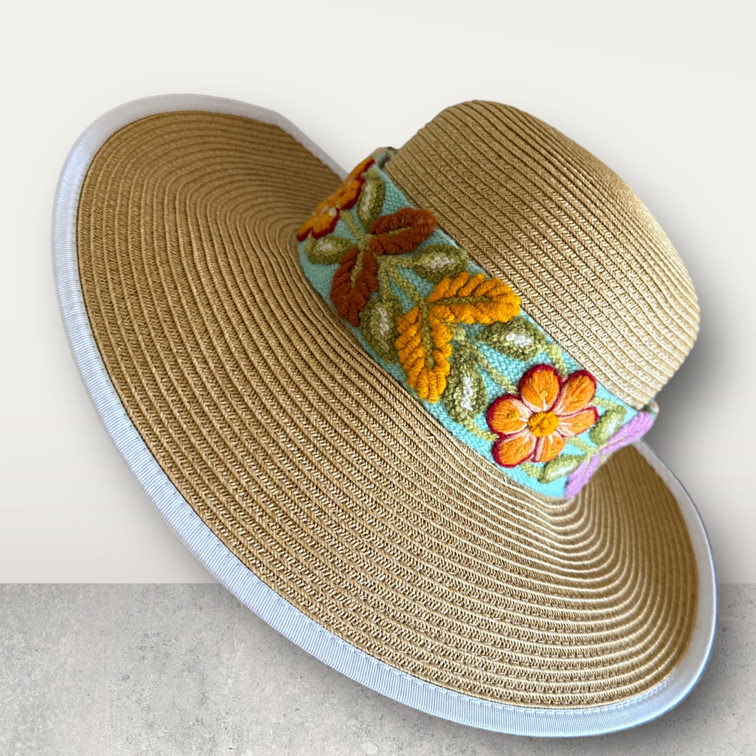 Sun Hat , Straw Hat, White Border - Hand Embroidered Band