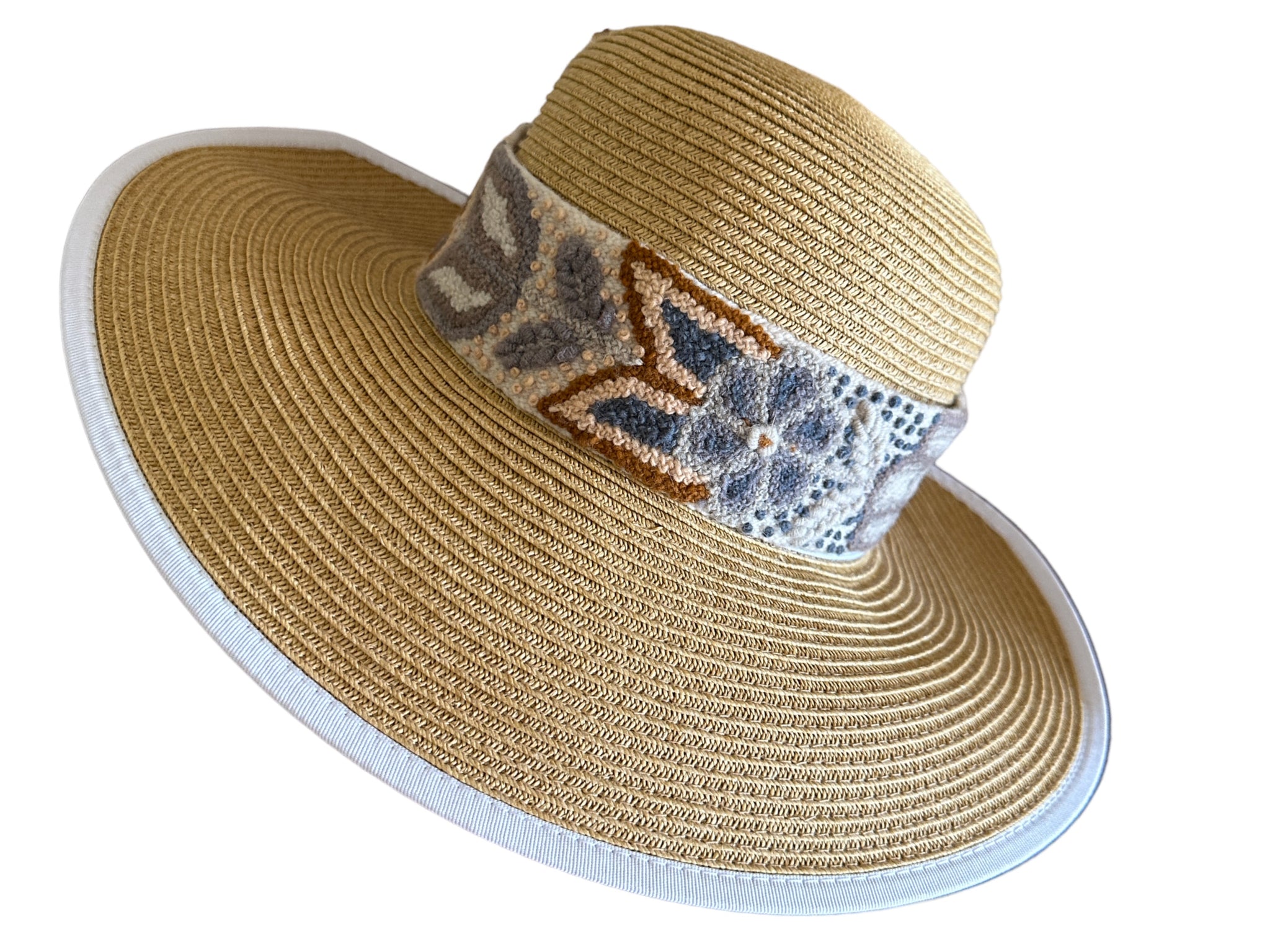 Sun Hat , Straw Hat, White Border - Hand Embroidered Band  display picture 2