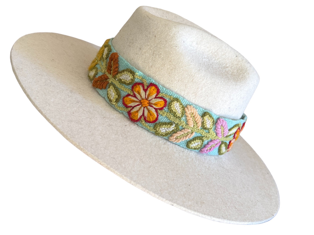 Fedora Hat - Wool Felt Hat, Wide Brim Hat , Embroidered Removable Hat Band  - Ivory White