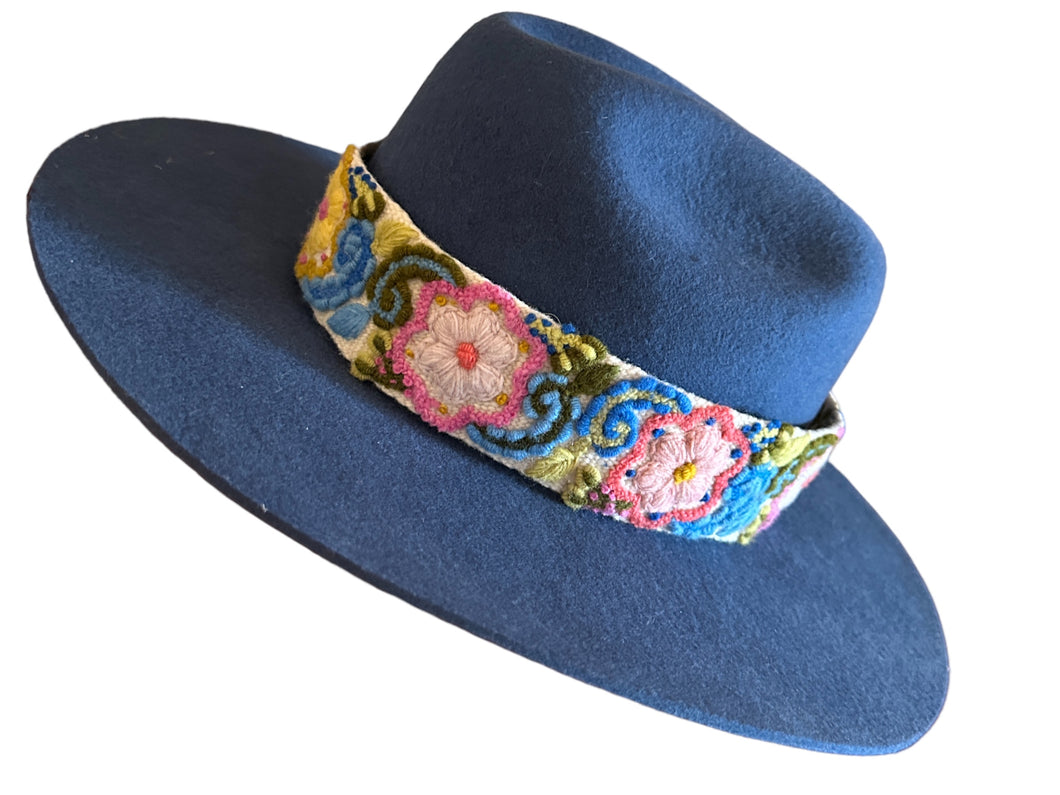 Fedora Hat - Wool Felt Hat, Wide Brim Hat , Embroidered Removable Hat Band    -  Slate Blue