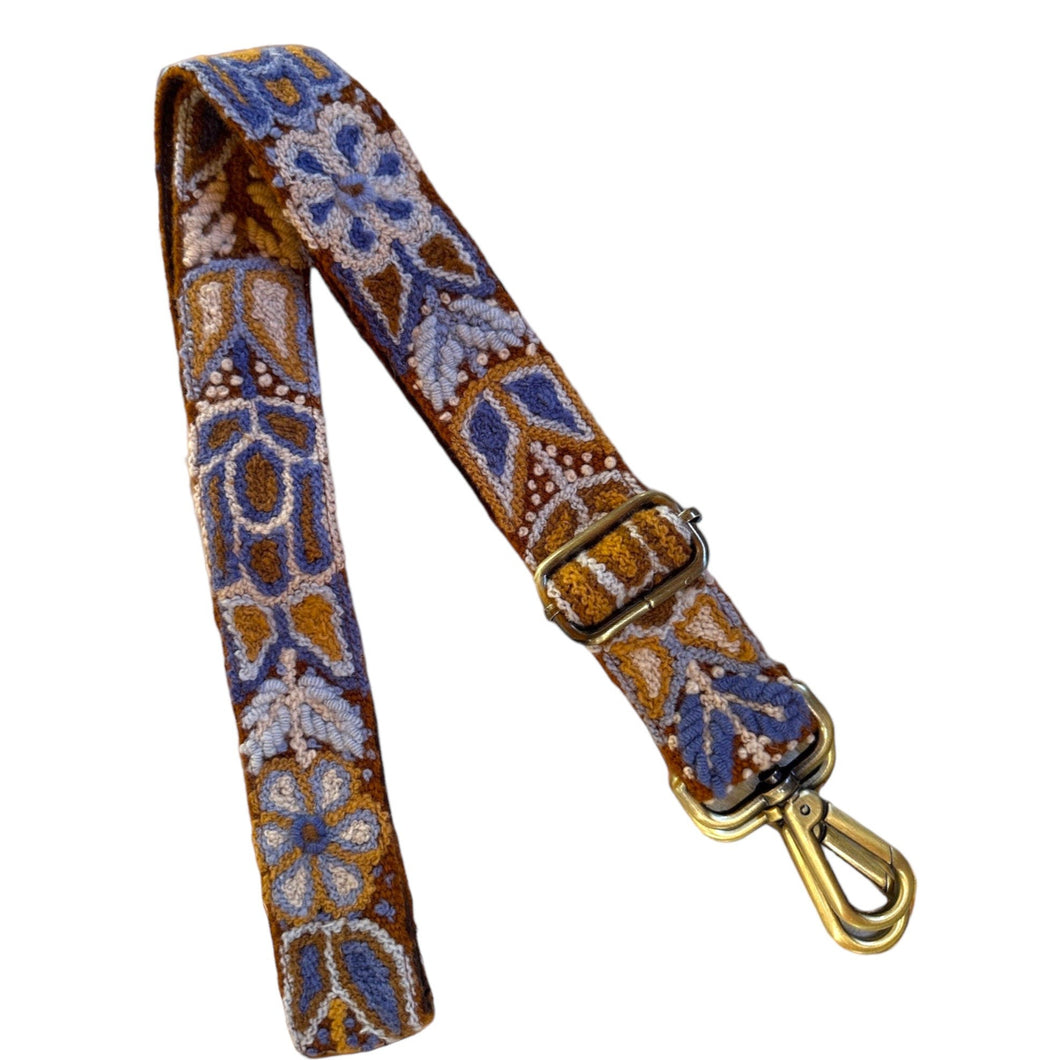 Embroidered Adjustable Handbag Strap, Purse Strap, Camera Strap - Andina Terracota, Rust and Blues