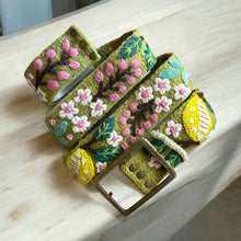 Load image into Gallery viewer, Embroidered Andina Belt -  Peruvian, Hand Embroidered, Flower Belt, Floral Ethnic Belt, 100% wool, -  Lemons and Leaves
