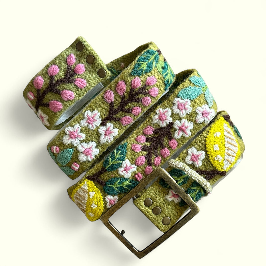Embroidered Andina Belt -  Peruvian, Hand Embroidered, Flower Belt, Floral Ethnic Belt, 100% wool, -  Lemons and Leaves