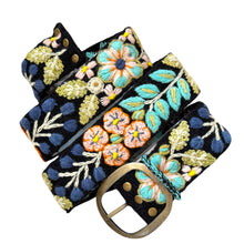 Load image into Gallery viewer, Peruvian Hand Embroidered Belt , Wool Belt, Statement Belt -  Midnight Meadow

