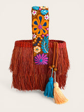 Load image into Gallery viewer, One-of-a-kind Hand Embroidered strap and Gold Chain Shoulder Strap/Raffia Fringe Tassel Bag - Handmade,  Spring Summer Bag/ Terracota Color
