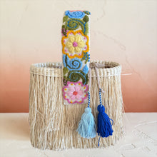 Load image into Gallery viewer, One-of-a-kind Hand Embroidered strap and Gold Chain Shoulder Strap/Raffia Fringe Tassel Bag - Handmade,  Spring Summer Bag/ Natural Color
